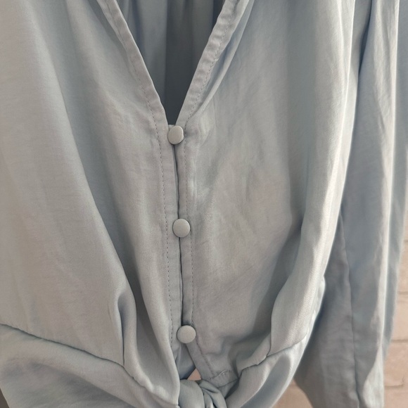 Valleygirl Satin Tie Front Blouse in Blue with Button-Down front - Picture 3 of 7